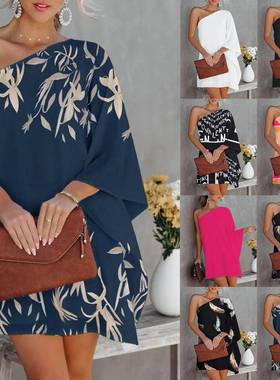 summer new european and womens print sexy slanting neck