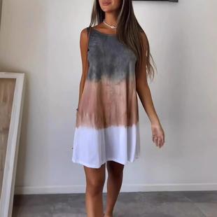 Tie Dye Simple Neck Sleeveless Fashion Dress Womens Holiday