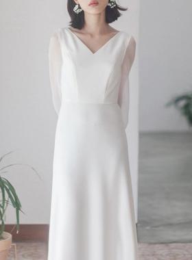 sleeves long dress wedding female dress evening satin white