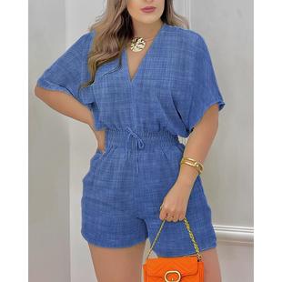 woman geometric playsuits elastic women waist rompers