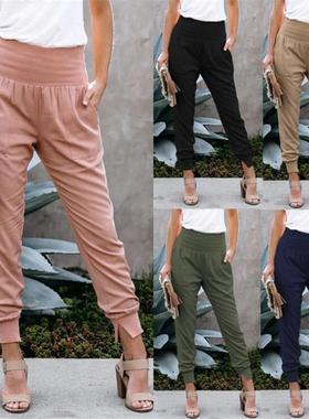 nine-point color womens waist with hems high Solid trousers