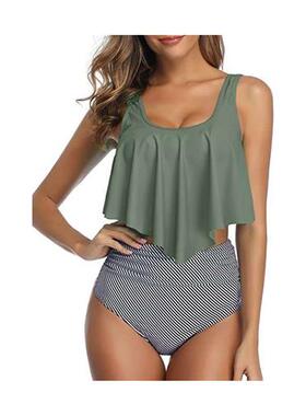 Two Piece Bikini Swimsuit Womens Ruffled Top High Waist