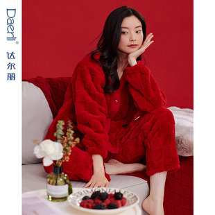 家居服套装 达尔丽新款 珊瑚绒宽松本命年格纹长袖 女款 红色睡衣冬季
