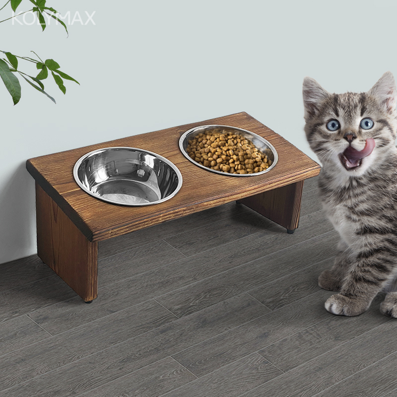 美式复古实木浅口水碗架猫食盆
