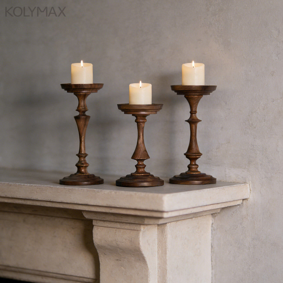 法式中古胡桃木制高脚烛台创意美式实木烛台家具复古摆件蜡烛台座