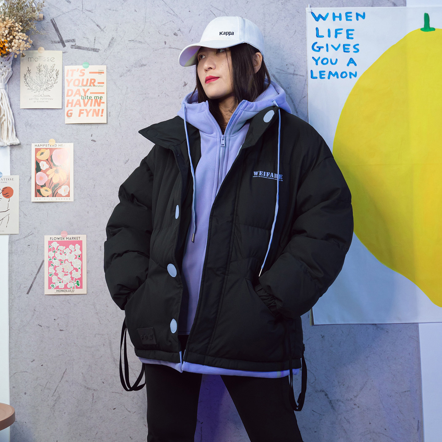 2025冬装复古脉冲风潮牌仿两件棉外套男女宽松大码连帽学院风棉服