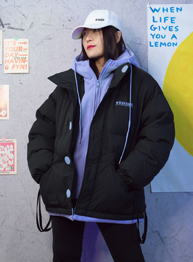 2025冬装复古脉冲风潮牌仿两件棉外套男女宽松大码连帽学院风棉服