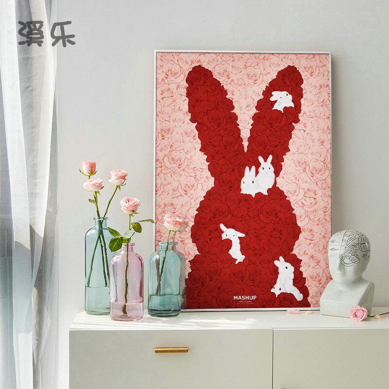 玫瑰花兔子装饰画I love you too潮牌兔年挂画餐厅卧室奶茶店画
