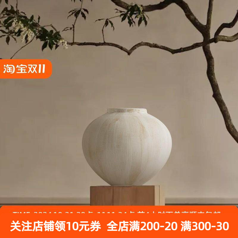 法式中古手工白色陶瓷复古陶罐侘寂风大花瓶花器高级感摆件大肚圆