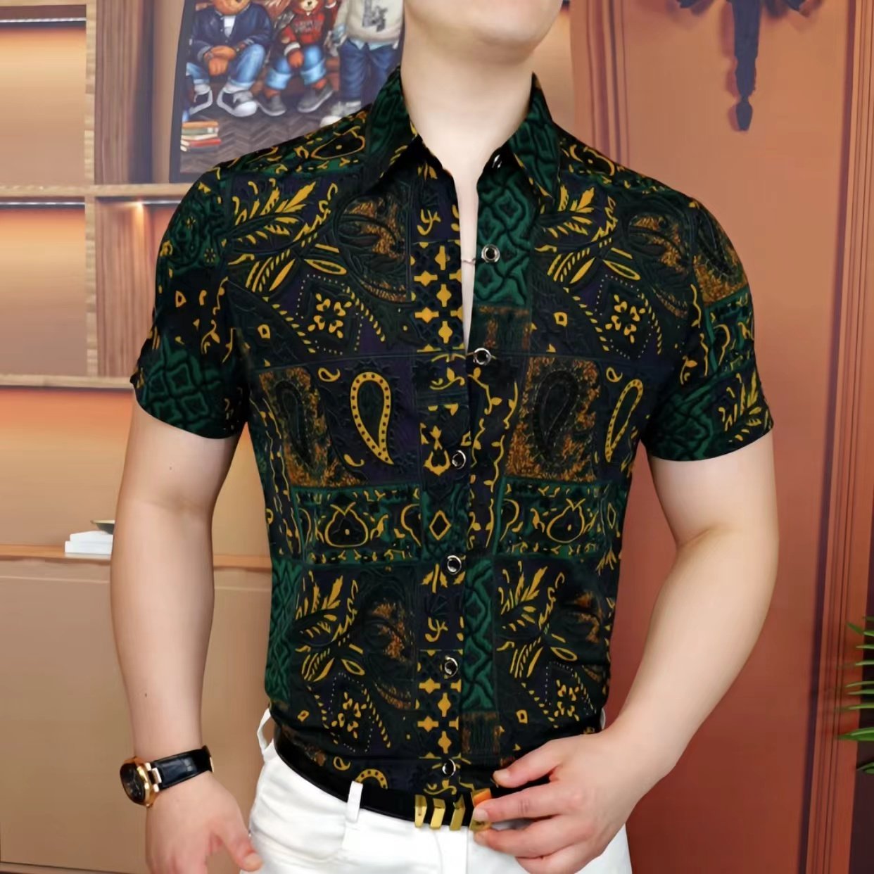欧货夏季新款男士冰丝印花翻领修身韩版衬衣时尚个性型男修身衬衣
