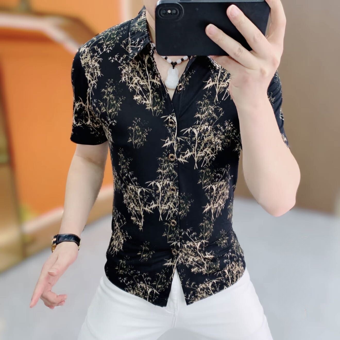 欧货夏季男士翻领冰丝印花透气短袖衬衣时尚修身弹力衬衣半袖上衣