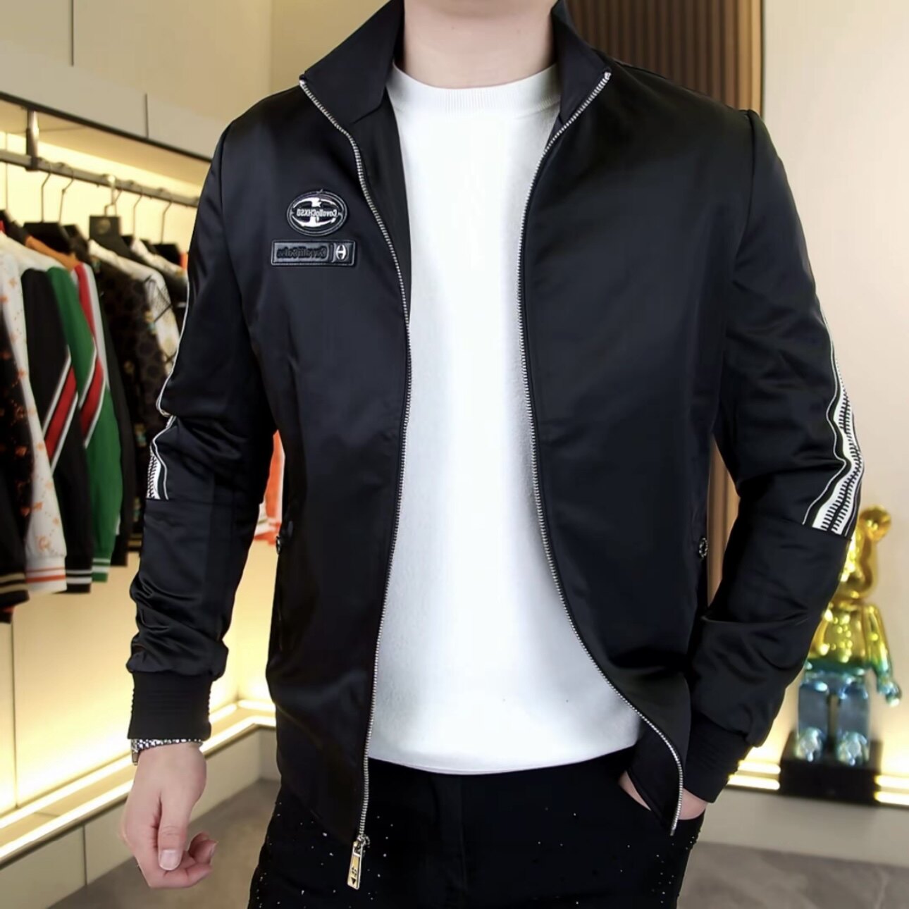 欧货春季新款男士立领织带夹克外套时尚百搭休闲潮流修身型男外套