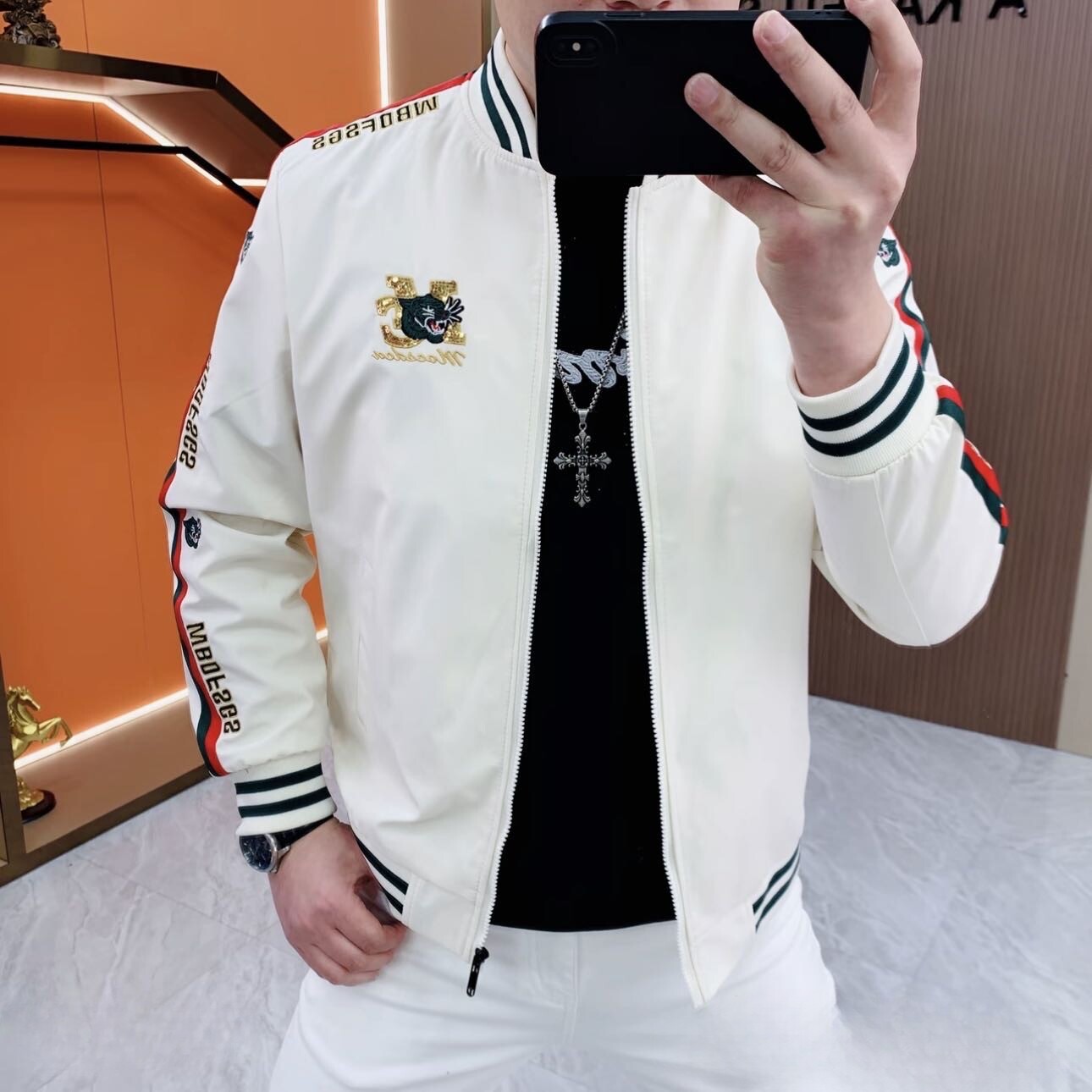 欧货春季新款男士棒球领刺绣织带夹克时尚百搭休闲潮流修身外套男