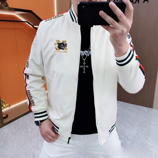 欧货春季新款男士棒球领刺绣织带夹克时尚百搭休闲潮流修身外套男