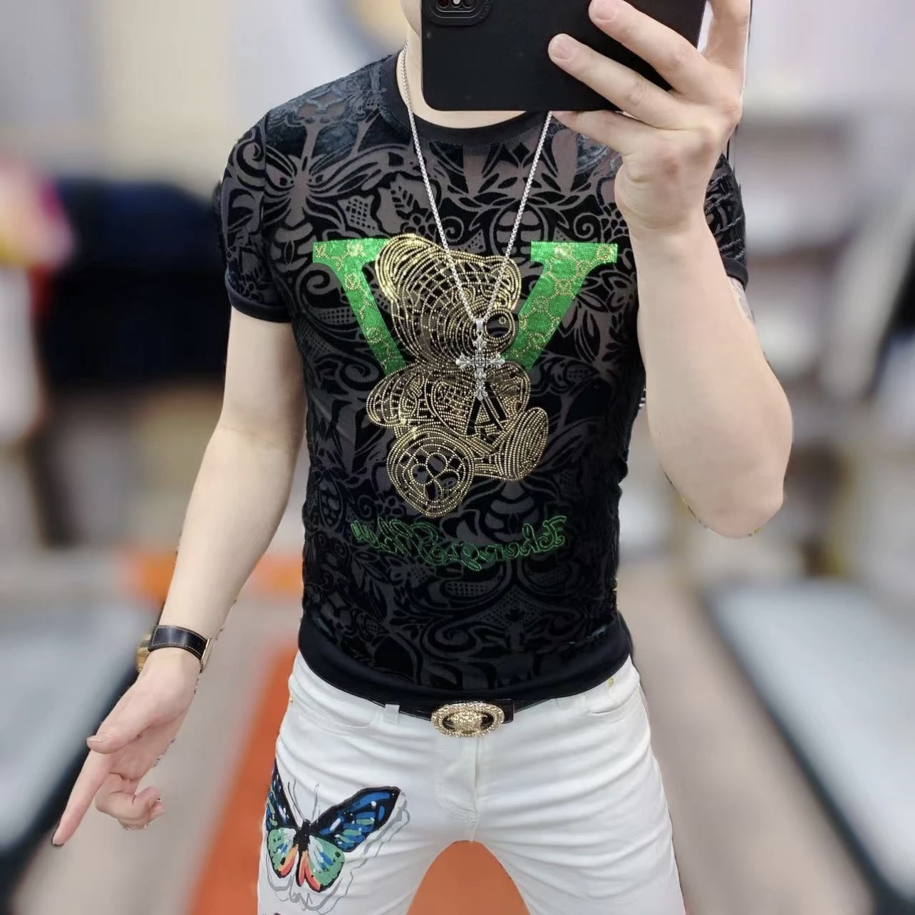欧货站2024夏季男士短袖金丝绒雕花烫钻圆领修身T恤男网红半袖衫