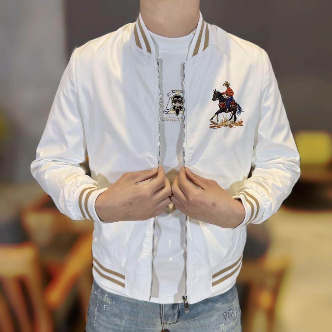 欧货春季新款男士棒球领印花烫钻夹克时尚百搭休闲潮流修身外套男