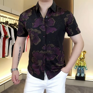 欧货夏季新款男士翻领数码定位印花短袖衬衣时尚修身弹力个性半袖