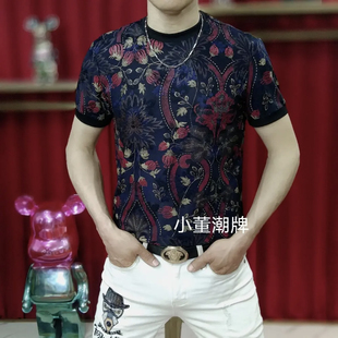 欧货夏季新款男式数码提花T恤时尚潮牌圆领修身弹力型男个性短袖
