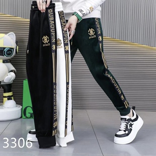 加绒灯芯绒男裤2023秋冬新款潮牌欧货刺绣修身束脚青年运动裤男