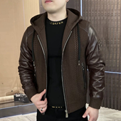 男装 欧货站男士 休闲百搭连帽粗针织拼接外套夹克条纹秋冬加绒修身