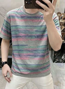 欧货男士夏季圆领条纹短袖T恤时尚修身弹力个性休闲百搭半袖上衣