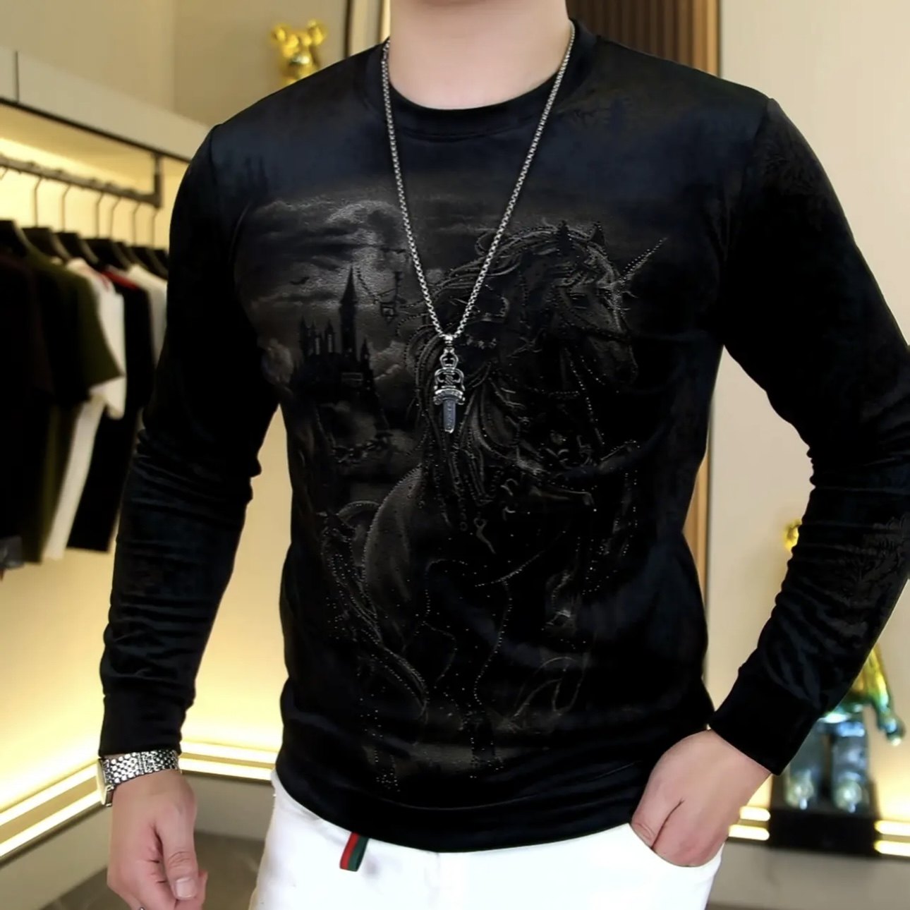 欧货秋季新款男士圆领丝绒数码印花长袖卫衣时尚修身弹力打底上衣
