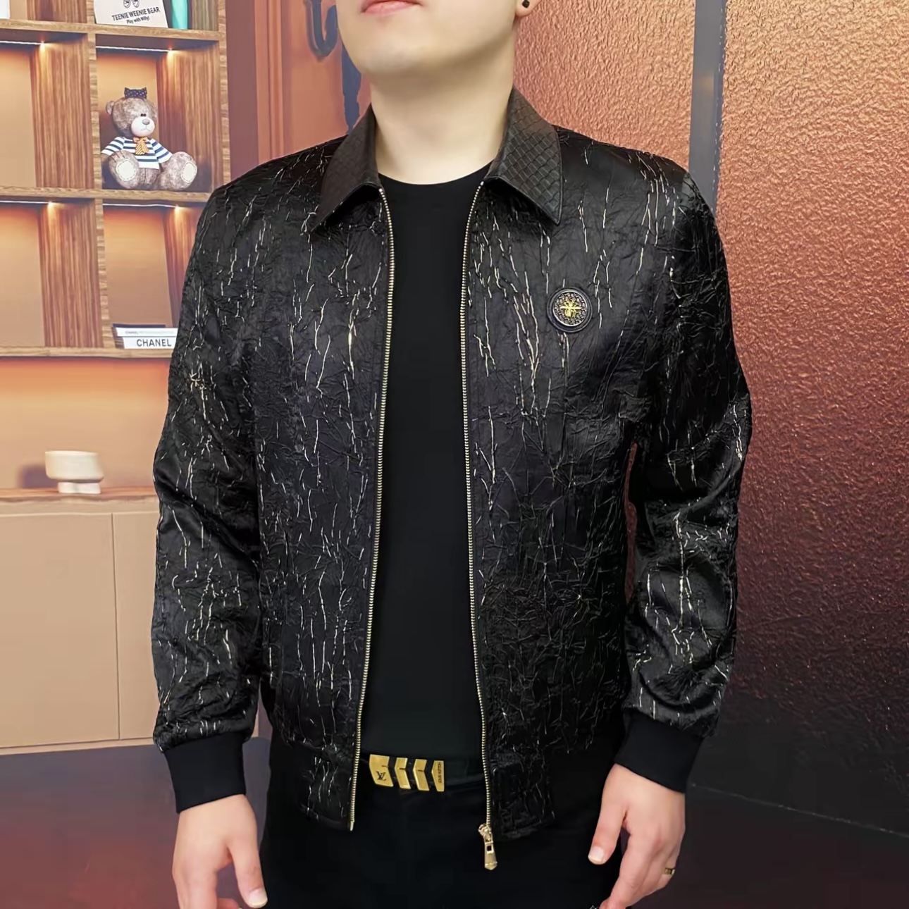 欧货秋季新款男士翻领拼接长袖夹克时尚潮流百搭休闲拉链开衫外套