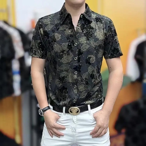 欧货夏季新款男士冰丝翻领植绒提花短袖衬衣修身弹力半袖上衣衬衣