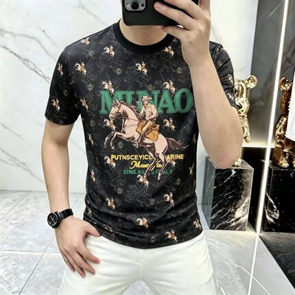 欧货轻奢男士圆领冰丝短袖T恤时尚修身弹力个性休闲百搭半袖上衣