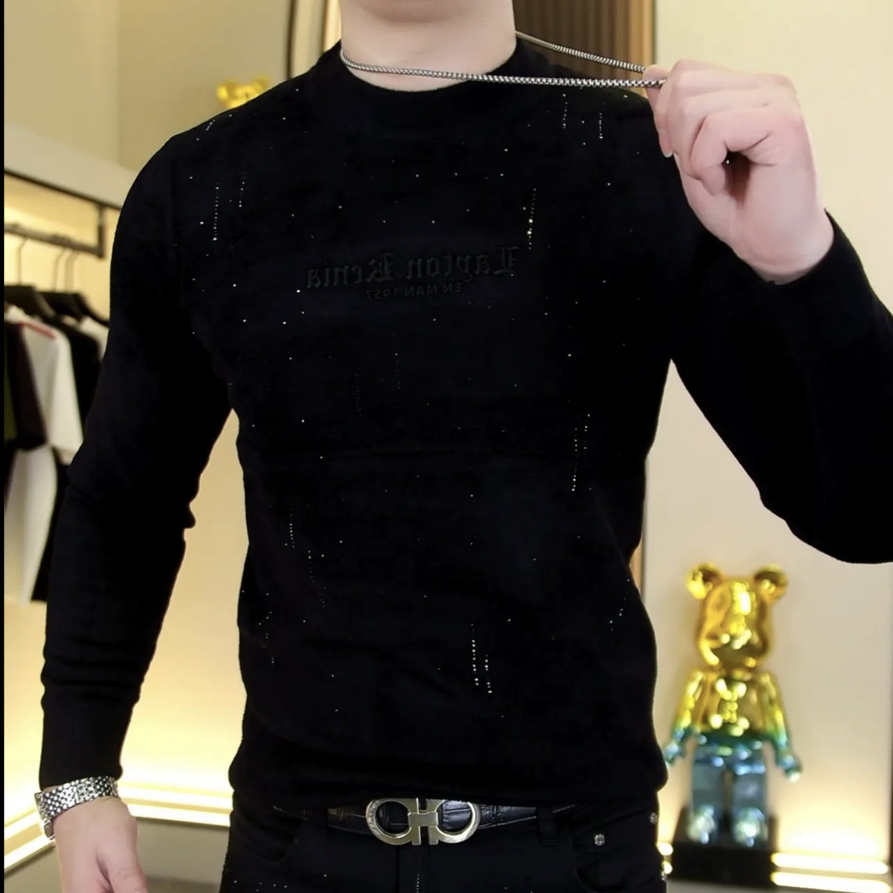 欧货冬季新款男士天鹅绒圆领烫钻针织毛衣时尚百搭修身弹力上衣男