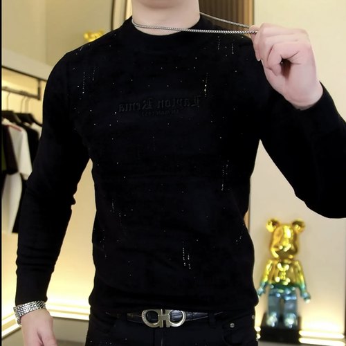 欧货冬季新款男士天鹅绒圆领烫钻针织毛衣时尚百搭修身弹力上衣男