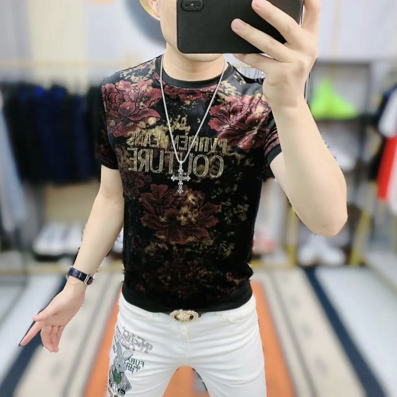 欧货站2024新款烫钻提花丝绒圆领短袖韩版时尚男士T恤男装上衣男