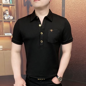 欧货春季新款男士翻领口袋刺绣POLO短袖时尚百搭休闲潮流修身半袖
