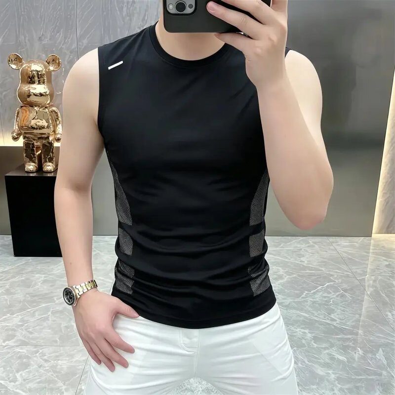 欧货男士夏季圆领无袖背心T恤时尚修身弹力个性休闲百搭打底上衣