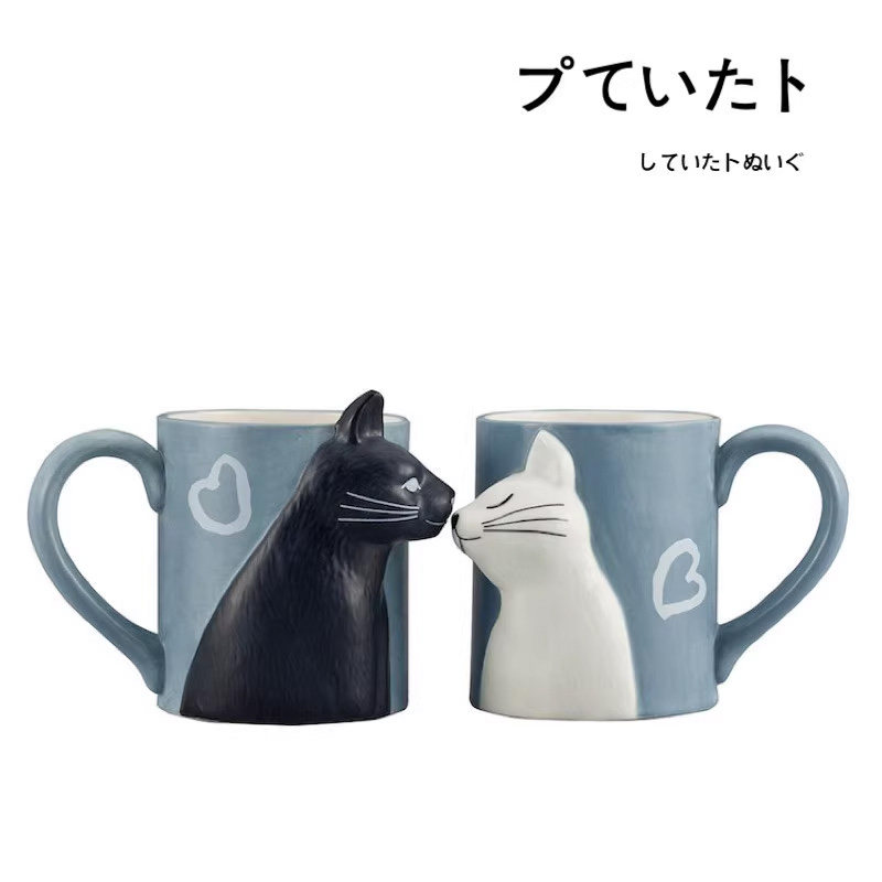 日本限量正版3d立体猫咪接吻陶瓷杯子马克杯水杯咖啡杯情侣杯一对