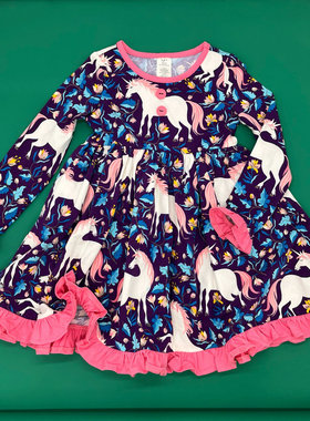 美单ER外贸小中大女童出口深紫色独角兽印花长袖连衣裙