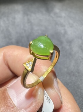 方言和田玉老坑俄罗斯阳绿碧玉无黑点银镶心形锆石素银活口戒指S6