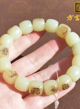 新疆和田玉戈壁料油烟皮黄玉手串