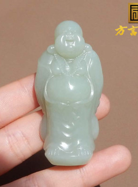 放巨漏方言精品和田玉佩戴级新疆且末蓝色基调弥勒笑佛吊坠挂件s2
