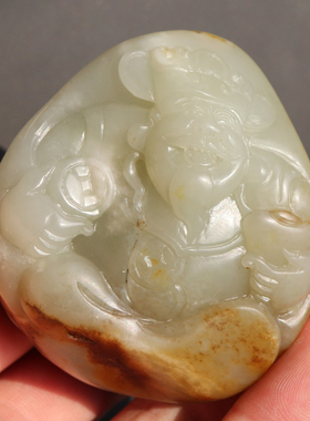 亏麻方言和田玉收藏级新疆高脂细腻洒金皮籽料独籽财神把件摆件A8