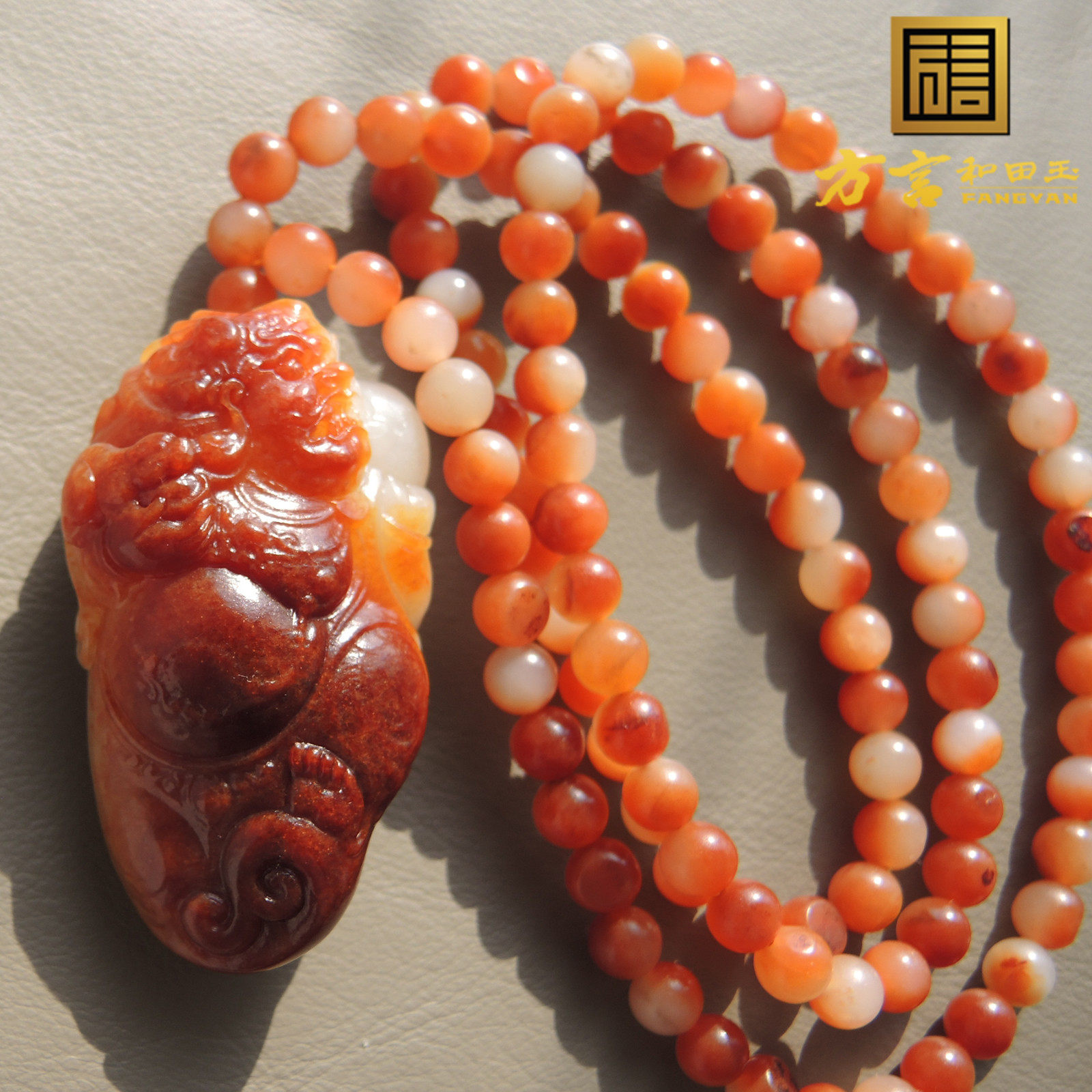 震惊了方言品牌和田玉古河道红沁籽料钟馗吊坠橘红沁色圆珠项链R
