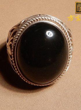 方言和田玉新疆细料细腻黑青玉籽料925银镶玉圈口可调戒指戒圈A5