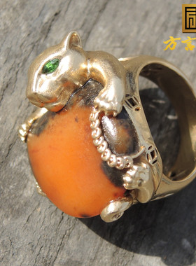 方言品牌玉黑沁皮黄金黄色黄玉籽料原石18K金镶玉豪华内径19戒指R