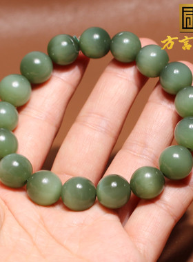 方言和田玉俄罗斯老坑料细润碧玉粉青带猫眼12mm圆珠手链手串A6