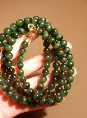 俄料菠菜绿碧玉8mm绿猫眼108项链