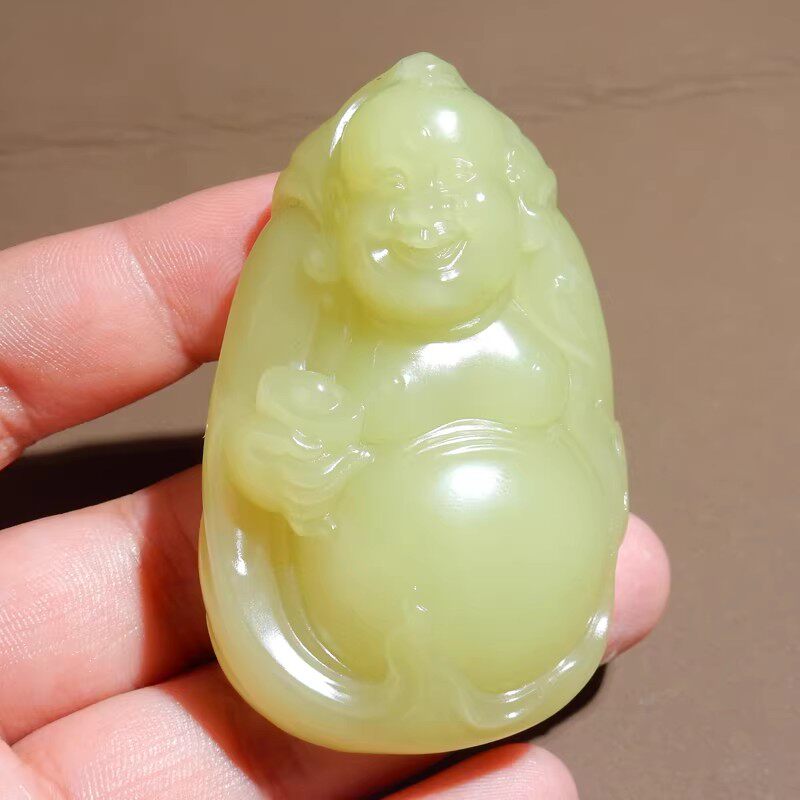 震惊了方言和田玉新疆且末料无结构若羌鸡油黄口笑佛手把件摆件O8