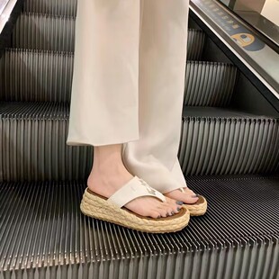 葡萄妈同款 厚底流苏扣夹脚人字拖草编凉拖外穿 增高5.5cm小码