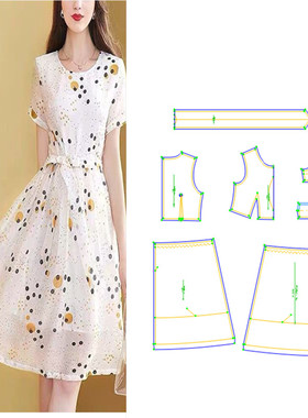20399新款纸样白色短袖棉麻波点连衣裙收腰修身裙DIY女装剪裁图纸