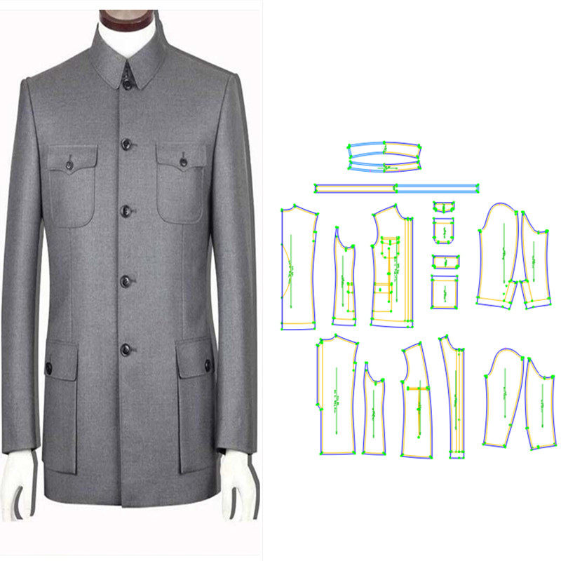 18秋民国牛皮纸样中年翻领中山装灰 diy男装打版服装剪裁图纸343
