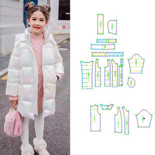 亮皮羽绒服纸样儿童服装 女童中长款 样板裁剪图纸 纸样642新款 服装